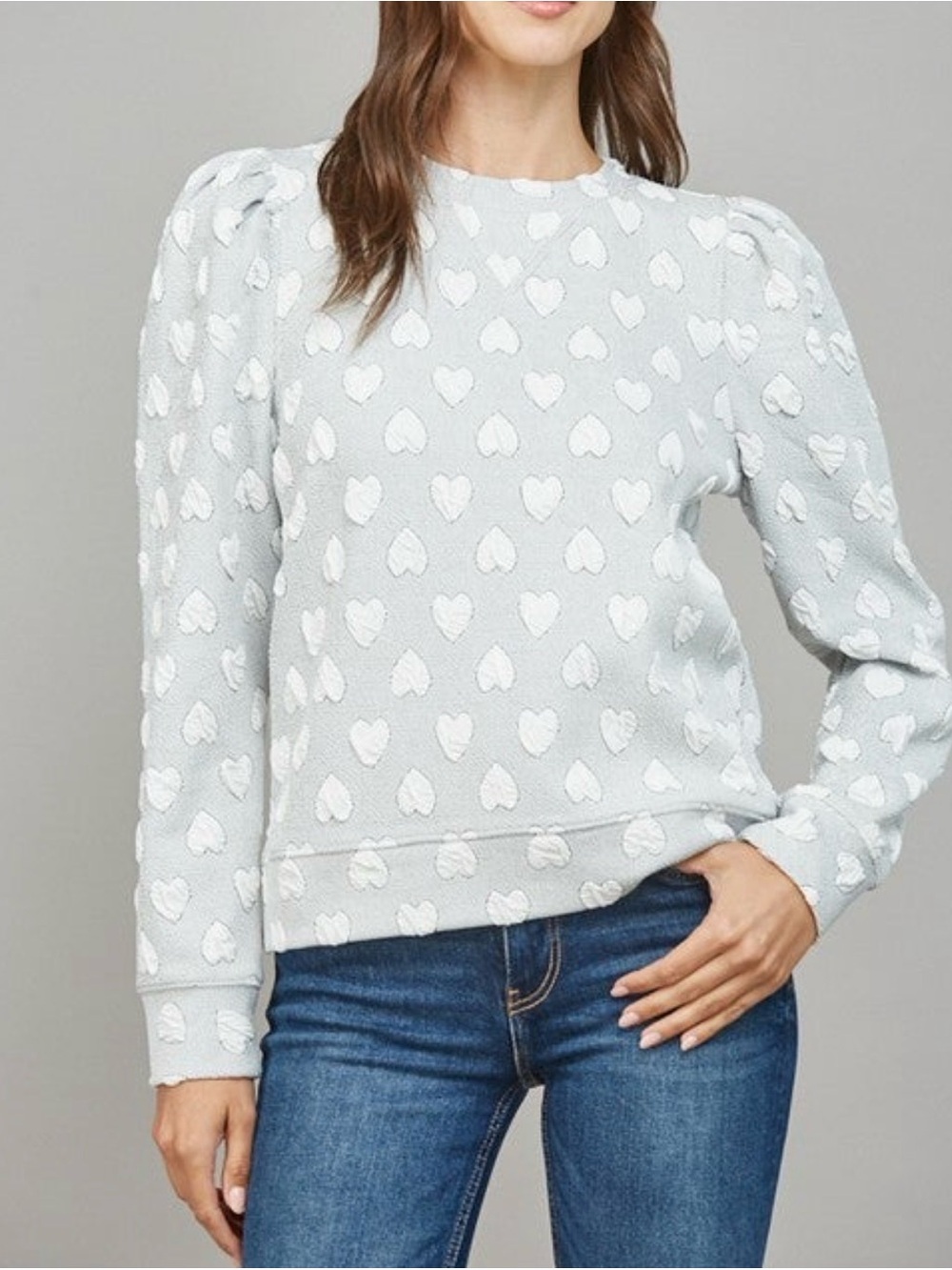 Fate White & Light Gray Hearts Puff Sleeve Sweatshirt